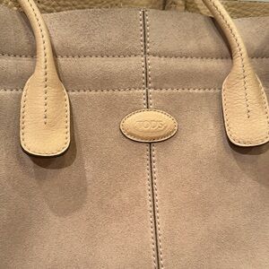 TOD'S Light Beige Suede Tote with Smooth Leather Trim